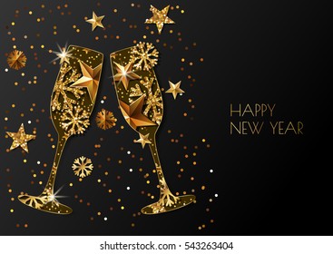 Happy New Year vector greeting card with two gold champagne glass. Holiday glowing black background with golden stars and snowflakes. Concept for New Year banner, poster, flyer, party invitation.