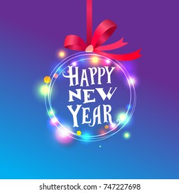 Happy new year. Vector greeting lettering on shiny background with red ribbon.