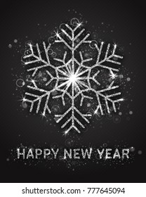 Happy New Year Vector Greeting Card Template. 3D Silver Sparkling Snowflake and Lettering with Shimmer Glitter Texture, Lights and Bokeh Isolated on Dark Gray Paper Background. Christmas, Xmas Poster