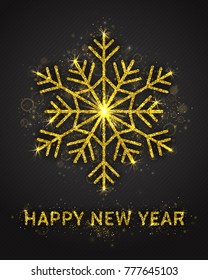 Happy New Year Vector Greeting Card Template. 3D Golden Sparkling Snowflake and Lettering with Shimmer Glitter Texture, Lights and Bokeh Isolated on Dark Gray Paper Background. Christmas, Xmas Poster