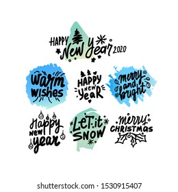 Happy New Year vector hand written lettering collection. Winter holiday ink pen black phrases bundle. Christmas greetings and wishes quotes isolated on white. Festive decorative Xmas design elements
