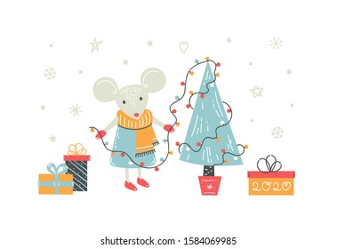 Happy New Year vector hand drawn illustration with cute mouse decorate Christmas tree. Holiday design on a white background. Flat cartoon style.  New Year greeting card, poster, banner