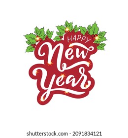 Feliz Año Nuevo, letras vectoriales. Letras blancas en el fondo rojo con destellos, patrones de Navidad sagrada. Ilustración vectorial, caligrafía de estilo. Tipografía de vacaciones de invierno. Navidad.