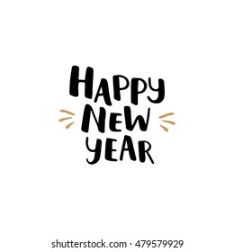 Happy new year. Vector hand drawn font, black and gold. Winter sign for design greeting cards, photo overlays, invitations isolated on white background