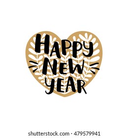 Happy new year. Vector hand drawn font and gold heart. Winter sign for design greeting cards, photo overlays, invitations isolated on white background