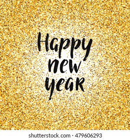 Happy new year. Vector hand drawn font on glitter background. Winter sign for design greeting cards, photo overlays, invitations.