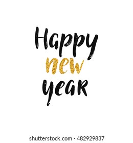 Happy new year. Vector hand drawn font with glitter. Winter sign for design greeting cards, photo overlays, invitations.