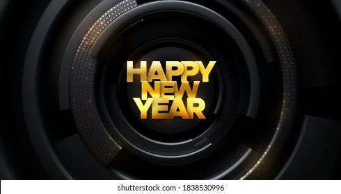Happy New Year. Vector holiday illustration. Black radial backdrop with golden glitters and golden paper sign. Abstract background.