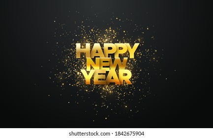 Happy New Year. Vector holiday illustration. Golden paper cut letters with shimmering glitters isolated on black background. Festive poster design. Glowing sign with confetti particles