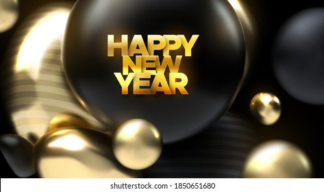 Feliz Año Nuevo. Ilustración vectorial de vacaciones. Burbujas y partículas brillantes de color negro y dorado en el fondo con un signo de papel dorado. Antecedentes abstractos. Diseño de pancartas festivas