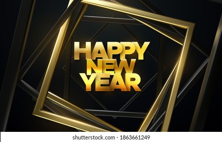 Happy New Year. Vector holiday illustration. Golden foil letters with black and gold frames. Festive sign.