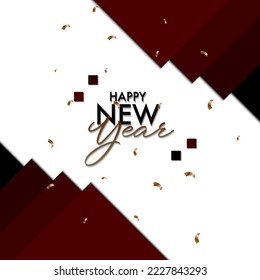 Feliz Año Nuevo feriado vectorial en el fondo rojo. Luminoso fondo de fiesta. confiti dorado brillante y serpentina. Plantilla premium festiva para vacaciones. Ilustración vectorial.