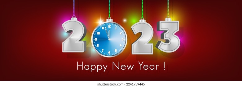 Happy New Year. Vector holiday banner. 3d numbers 2023 and a clock hang on a red background with bright colored spots.