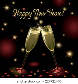 Happy new year! Vector holiday background with two Champagne Flutes, many stars, fireworks on night dark sky and text