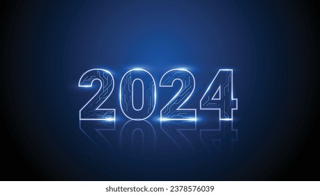 Feliz Año Nuevo feriado vectorial en el concepto de innovación de diseño de circuito de ciencia ficción tecnológica. 3D 2024 número de fecha tarjeta de felicitación de vacaciones. Futurista plantilla de banner web.