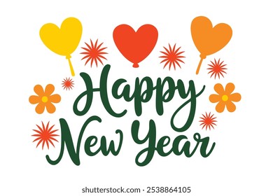 Happy New Year! Vector Holiday Template. Festive Background. Calligraphy Greeting Card. Isolated black Text and some elements. 