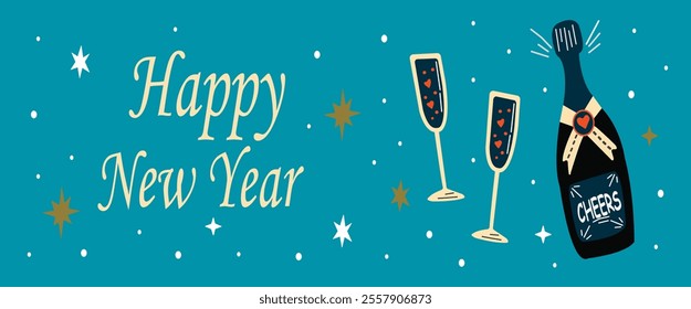 Happy New Year vector horizontal banner design with sparkling wine or champagne illustration. Winter seasonal Christmas, cartoon groovy funky elements on dark background