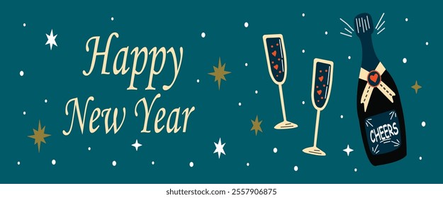 Happy New Year vector horizontal banner design with sparkling wine or champagne illustration. Winter seasonal Christmas, cartoon groovy funky elements on dark background