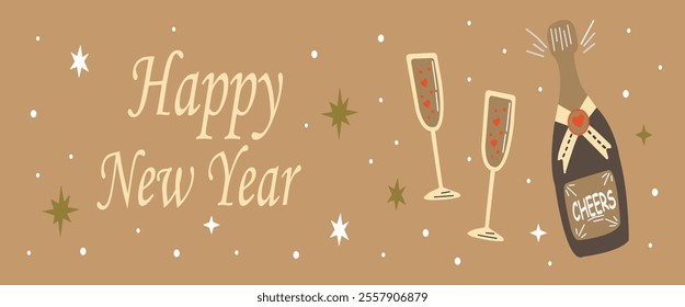 Happy New Year vector horizontal banner design with sparkling wine or champagne illustration. Winter seasonal Christmas, cartoon groovy funky elements on dark background