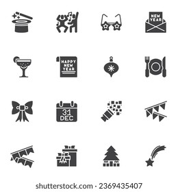 Happy new year vector icons set, modern solid symbol collection, filled style pictogram pack. Signs, logo illustration. Set includes icons as calendar date, party decorations, surprise box, xmas tree