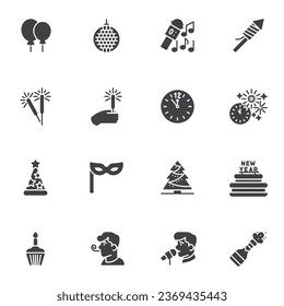 Happy new year vector icons set, modern solid symbol collection, filled style pictogram pack. Signs, logo illustration. Set includes icons as party decorations, christmas tree, fireworks, champagne