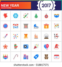 Happy New Year vector icons set, modern solid symbol collection, filled pictogram pack isolated on white, colorful logo illustration