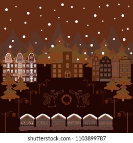 Happy new year. Vector illustration. Merry christmas card with house. Cute buildings on brown, white and beige colors.