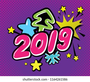 Happy New Year vector illustration set in pop art style. Christmas tree, 2019 numbers, hashtag, snowflake, stars. For poster, postcard, invitation, wrapping paper