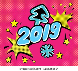 Happy New Year vector illustration set in pop art style. Christmas tree, 2019 numbers, hashtag, snowflake, stars. For poster, postcard, invitation, wrapping paper