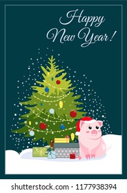 Happy New Year vector illustration with pig, christmas tree and gifts. Symbol of the New Year 2019.