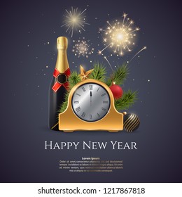 Happy New Year vector illustration. Composition with a golden clock, champagne bottle, fir branches and festive fireworks. Holiday card or invitation template. Decoration element for your design.