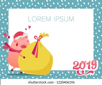 Happy new year vector illustration with pig in love and gift bag. 