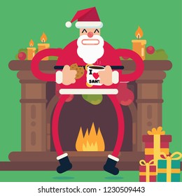 Happy New Year with Vector Illustration of Santa Claus drinking hot chocolate and carrying christmas gifts for kind kids next to the chimney.