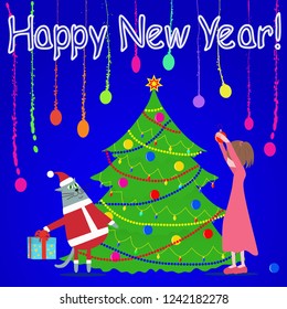 Happy new year. Vector illustration of a girl with a cat decorates a Christmas tree. Flat illustration