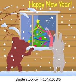 Happy new year. Vector illustration of a bear and a hare looking in the window. Girl decorates Christmas tree.