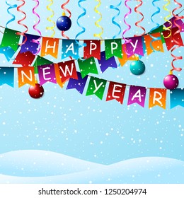 Happy New Year vector illustration with flag garland, serpentine and Christmas balls. 