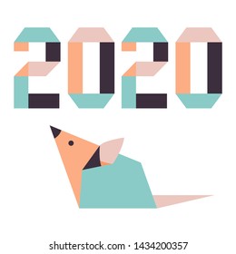 Happy new year. Vector illustration with origami 2020 year numbers and rat. Rat zodiac sign, symbol of 2020 on the Chinese calendar. Year of the rat. Chinese horoscope.