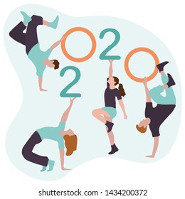 Happy new year. Vector illustration with 2020 year numbers and dancing people. Street modern dance. New Year's Eve Party. Design for banner, poster or print.