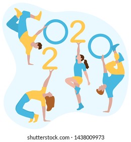 Happy new year. Vector illustration with 2020 year numbers and dancing people. Street modern dance. New Year's Eve Party. Design for banner, poster or print.