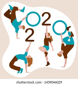 Happy new year. Vector illustration with 2020 year numbers and dancing people. Street modern dance. New Year's Eve Party. Design for banner, poster or print.