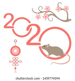 Happy new year. Vector illustration with 2020 year numbers and rat. Rat zodiac sign, symbol of 2020 on the Chinese calendar. Year of the rat. Chinese horoscope. Asian elements for New Year's design.