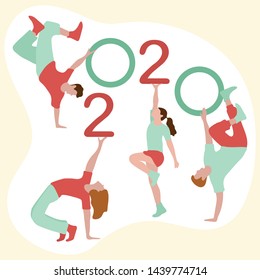 Happy new year. Vector illustration with 2020 year numbers and dancing people. Street modern dance. New Year's Eve Party. Design for banner, poster or print.