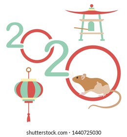 Happy new year. Vector illustration with 2020 year numbers and rat. Rat zodiac sign, symbol of 2020 on the Chinese calendar. Year of the rat. Chinese horoscope. Asian elements for New Year's design.