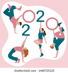 Happy new year. Vector illustration with 2020 year numbers and dancing people. Street modern dance. New Year's Eve Party. Design for banner, poster or print.
