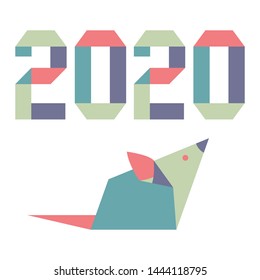 Happy new year. Vector illustration with origami 2020 year numbers and rat. Rat zodiac sign, symbol of 2020 on the Chinese calendar. Year of the rat. Chinese horoscope.