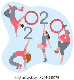 Happy new year. Vector illustration with 2020 year numbers and dancing people. Street modern dance. New Year's Eve Party. Design for banner, poster or print.