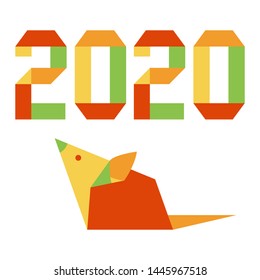 Happy new year. Vector illustration with origami 2020 year numbers and rat. Rat zodiac sign, symbol of 2020 on the Chinese calendar. Year of the rat. Chinese horoscope.
