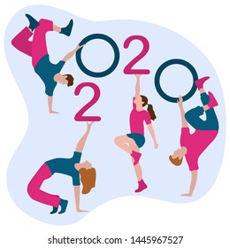 Happy new year. Vector illustration with 2020 year numbers and dancing people. Street modern dance. New Year's Eve Party. Design for banner, poster or print.