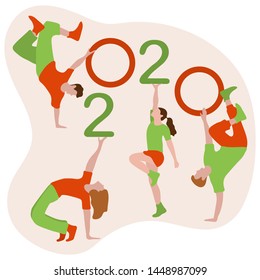 Happy new year. Vector illustration with 2020 year numbers and dancing people. Street modern dance. New Year's Eve Party. Design for banner, poster or print.