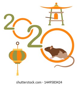Happy new year. Vector illustration with 2020 year numbers and rat. Rat zodiac sign, symbol of 2020 on the Chinese calendar. Year of the rat. Chinese horoscope. Asian elements for New Year's design.